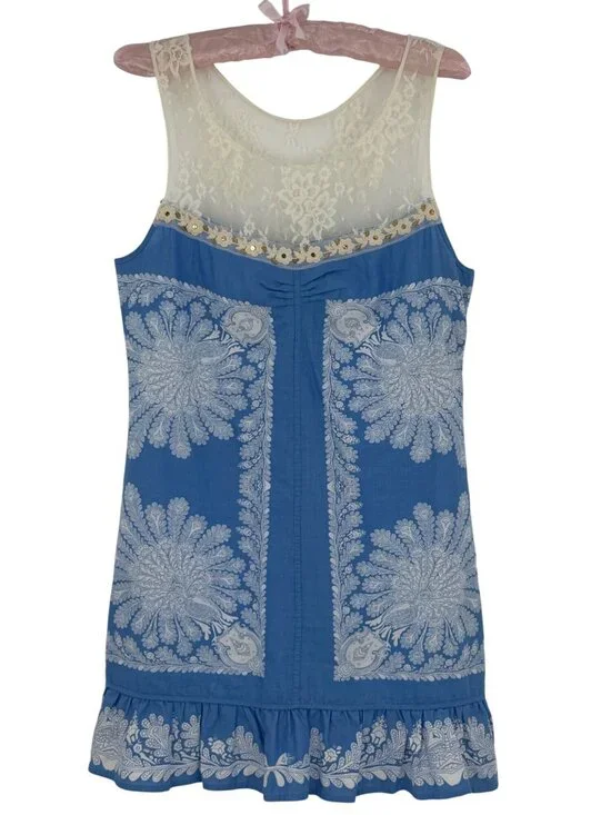 VTG Free People Crystallized Linen Crochet Lace Yoke Paisley Mini Shift Dress 10 - Picture 11 of 16